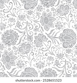 Boho, padrão de redemoinho, rabiscar, flores cinzas, fundo branco. Padrão floral contínuo-432.