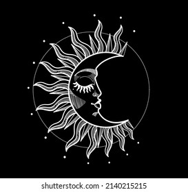 Boho symbol of the moon with rays, white hand drawing on a black background. Esoteric magic symbol, witch tattoo, mystic icon. Vector illustration.