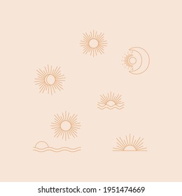 Boho symbols sun and moon set  for decoration in modern minimalist style