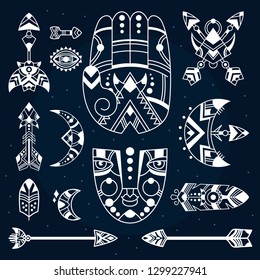 Boho symbols vector illustration, bohemian decorative objects, hamsa palm, mask, feathers, crescents, tribal arrows. Boho tattoo. Bohemian print design. Dark background.