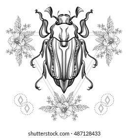 Boho tattoo. Blackwork Scarab beetle, May bug in hipster triangle frame, flowers. Vector illustration, spiritual tattoo sketch isolated on white for t-shirt print, poster, textile. Line art drawing.