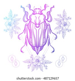 Boho tattoo. Color Scarab beetle, May bug in hipster triangle frame with flowers. Vector illustration, spiritual tattoo sketch isolated on white for t-shirt print, poster, textile. Line art drawing.