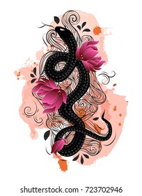 Boho tattoo design with snake, flowers and waves at watercolor background. China style