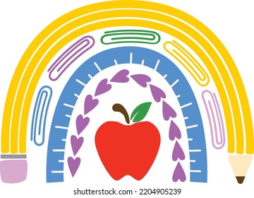 Boho teacher rainbow vector clip art illustration with pencil, ruler, staples and apple.