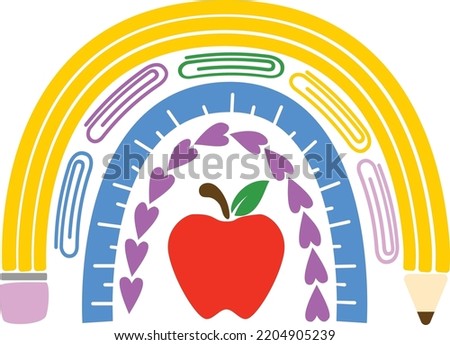 Boho teacher rainbow vector clip art illustration with pencil, ruler, staples and apple.