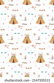 Boho teepee nahtlose indianische Sommer-Blumenpfeile und teepe Illustration. Kinder aztec Hintergrund. Handgezeichnete schicke Boho-Muster-Vektorgrafik. Baby Boho Stoffdesign. Cute Textilien, Pfeilblumen auf Stämmen