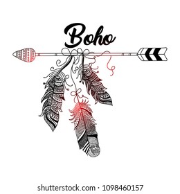 Boho template with inspirational quote lettering style and Hand drawn dreamcatcher with ethnic arrow and beautiful feathers with element.