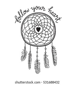 Boho template with inspirational quote lettering - Follow your heart. Vector ethnic print design with dreamcatcher. Love card for Valentine's day.