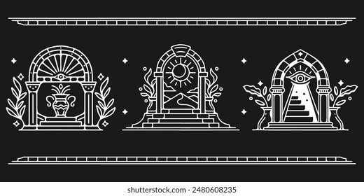 Boho temple and Arch Set in Trendy Minimal Line Style with Sun and Stars. Vector Bohemian Border. Art deco arch frames, arcs, doors or borders vector set. Ornate archways and doorways in Boho style. 