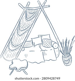 Boho tent bed with pillows, blanket, stool, and vase in a cozy home nook, rendered as a hand drawn sketch. Symbol of comfort, hygge, relaxation, and home decor. Cartoon vector illustration.