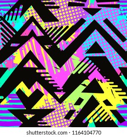 Boho textile seamless pattern. Handdrawn trendy design in tribal style with unique scrapes, watercolor blotted background . Ethnic inspired ink painted geometric print