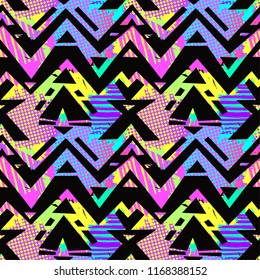 Boho textile seamless pattern. Handdrawn trendy design in tribal style with unique scrapes, watercolor blotted background . Ethnic inspired ink painted geometric print