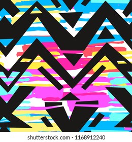 Boho textile seamless pattern. Handdrawn trendy design in tribal style with unique scrapes, watercolor blotted background . Ethnic inspired ink painted geometric print