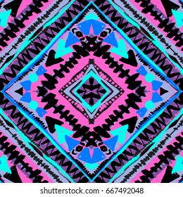 Boho textile seamless pattern. Handdrawn trendy design in tribal style with unique scrapes, watercolor blotted background . Ethnic inspired ink painted geometric print