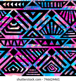 Boho textile seamless pattern. Handdrawn trendy design in tribal style with unique scrapes, watercolor blotted background . Ethnic inspired ink painted geometric print