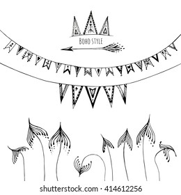 Boho theme elements with hand drawn garland, decorative mushrooms. Vector illustration