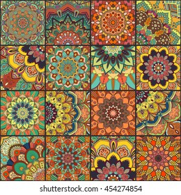 Boho tile set and seamless pattern. Colorful patchwork for fabric print, furniture, wallpaper, fashionable textile. Square design elements. Unusual flower ornament. Vector oriental mandala background.