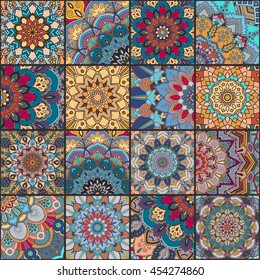 Boho tile set and seamless pattern. Blue orange patchwork fabric, furniture print, wallpaper, fashionable textile. Square design elements. Unusual flower ornament. Vector oriental mandala background.