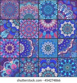 Boho tile set and seamless pattern. Blue pink patchwork fabric, furniture print, wallpaper, fashionable textile. Square design elements. Unusual flower ornament. Vector oriental mandala background.