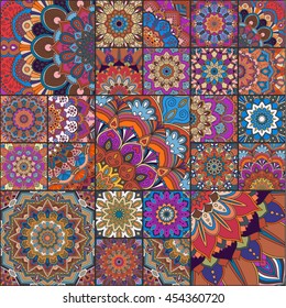 Boho tile set  and seamless pattern. Colorful patchwork for fabric print, furniture, wallpaper, fashionable textile. Square design elements. Unusual flower ornament. Vector oriental mandala background