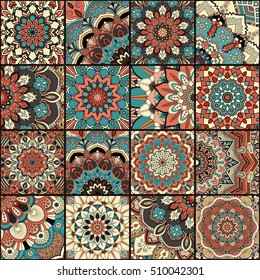 Boho tile set and seamless pattern. Blue brown patchwork fabric, furniture print, wallpaper, fashionable textile. Square design elements. Unusual flower ornament. Vector oriental mandala background.