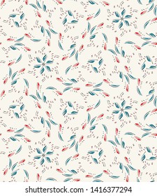 Boho tiny leaves vector all over print. Seamless repeating pattern swatch. Bohemian sprinkles background. Hand drawn retro fashion prints 1970s style. Nature leaf wallpaper, lino cut surface design. 