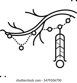 Boho tree branch, decoration and feather icon in outline style. 