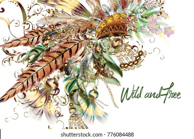 Boho tribal botanical background with field flowers and feathers. Fashion vector illustration