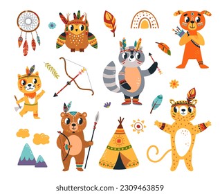 Animales de dibujos animados de la tribu Boho. Animales de bosque, elementos de decoración de los norteamericanos nativos. Caracteres infantiles de la tribu Cuadros, clíparte vectorial con clase