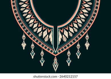 Boho tribal collar design with Persian Peach and Midnight Teal on dark background. Perfect for fashion prints, embroidery, and ethnic-inspired textile mockups.