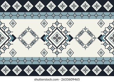Boho tribal fabric pattern with ornamental borders and Aztec diamonds in navy and teal. Perfect for scarves, fashion design, and home textiles.