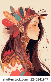 boho tribal indian girl  portrait with feathers in hair and wearing traditional poncho, beautiful Indigenous woman shaman illustration