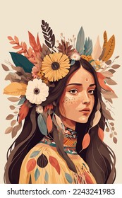 retrato de una niña india de la tribu boho con plumas en el pelo y usando poncho tradicional, hermosa ilustración de chamán de una mujer indígena