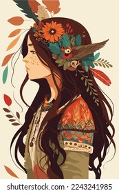 boho tribal indian girl  portrait with feathers in hair and wearing traditional poncho, beautiful Indigenous woman shaman illustration