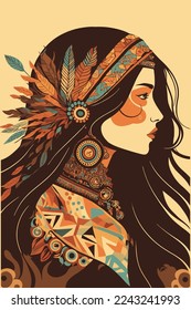 boho tribal indian girl  portrait with feathers in hair and wearing traditional poncho, beautiful Indigenous woman shaman illustration