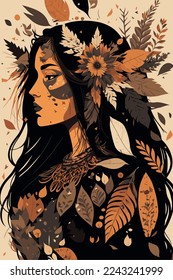 boho tribal indian girl  portrait with feathers in hair and wearing traditional poncho, beautiful Indigenous woman shaman illustration