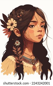 boho tribal indian girl  portrait with feathers in hair and wearing traditional poncho, beautiful Indigenous woman shaman illustration