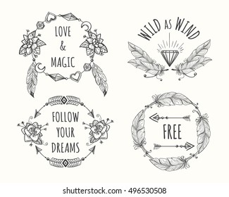 Boho tribal native style logo set with feathers, arrows and flowers native for wedding cards and prints. Vector ilustration