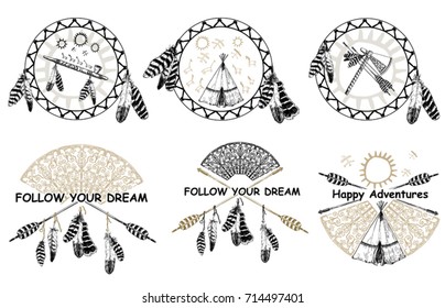 Boho tribal native style logo set with feathers, wigwams, arrows and flowers native for wedding cards and prints. Vector illustration