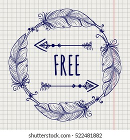 Boho tribal style logo with feather arrows and lettering free on notebook page vector