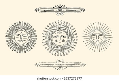 Boho tribal sun faces illustration in vintage hand-drawn style on beige background