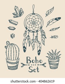 Boho tribal vector set with plants, dream catcher, feathers and gem stones. Gypsy spirit. In a doodle hand-drawn style.