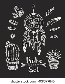 Boho tribal vector set with plants, dream catcher, feathers and gem stones. Gypsy spirit. In a doodle hand-drawn style. On dark background.