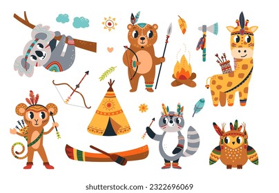 Boho tribal woodland animals, cartoon animal hunting clipart. Nordic wild characters, koala, raccoon and giraffe. Childish classy vector stickers graphic