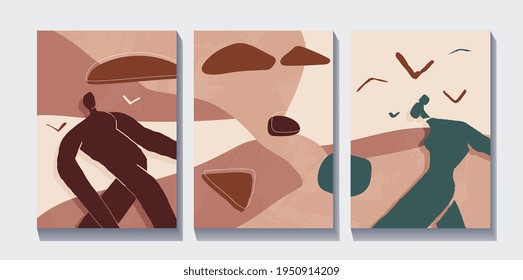 Boho triptych print. Two people dancing together in landscape. Hand drawn illustration in line art, cut out and boho style with earth tones. For print, poster and art product.