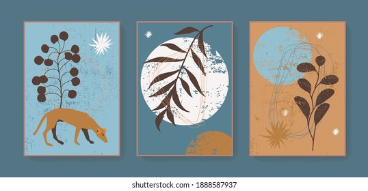 Impresiones de decoración de paredes de tríptico de Boho. Tarjetas botánicas abstractas de estilo bohemio. Impreso artístico boho perro pared de arte decoración de casa. Tonos de la Tierra color mostaza azul elegantes afiches de pared vectorial, cubiertas