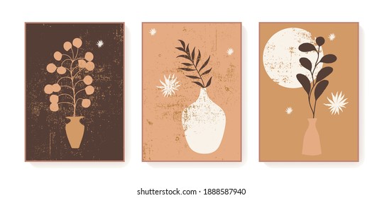 Boho triptych wall decor prints. Bohemian style abstract botanical cards. Printable artistic boho style wall art plant home decor. Earth tones brown neutral colors elegant vector posters, covers