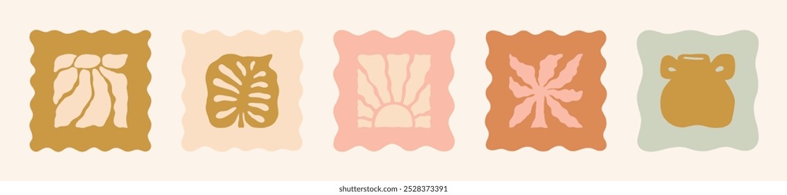 Boho Tropical Icons Set. Groovy Geometric Sun, Palm, Leaf and Flower. Vector Abstract Square Summer Beach Illustration in Freehand Retro Style for Logo, Print, Pattern, Poster, Web Design
