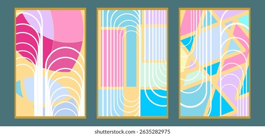 boho tropical leaf. natural shapes poster set in mid century style. Modern illustration tropical leaf, geo elements for minimalist print, poster, boho wall decor, flat design Vector minimal art