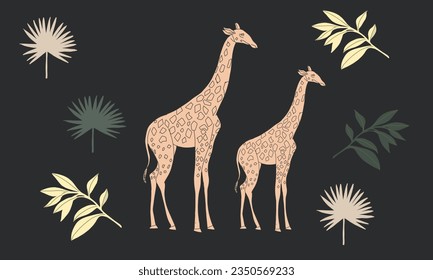 Boho tropical safari vector. Boho foliage botanical Tropical leaves and African giraffe collection design for home decor, cover, wall art, print, textile. Wildlife illustration with isolated elements